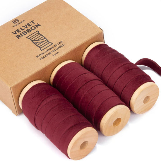 Velvet Ribbon With Wooden Spool 3/8" x 15 Yd (Burgundy) - Vitalizart