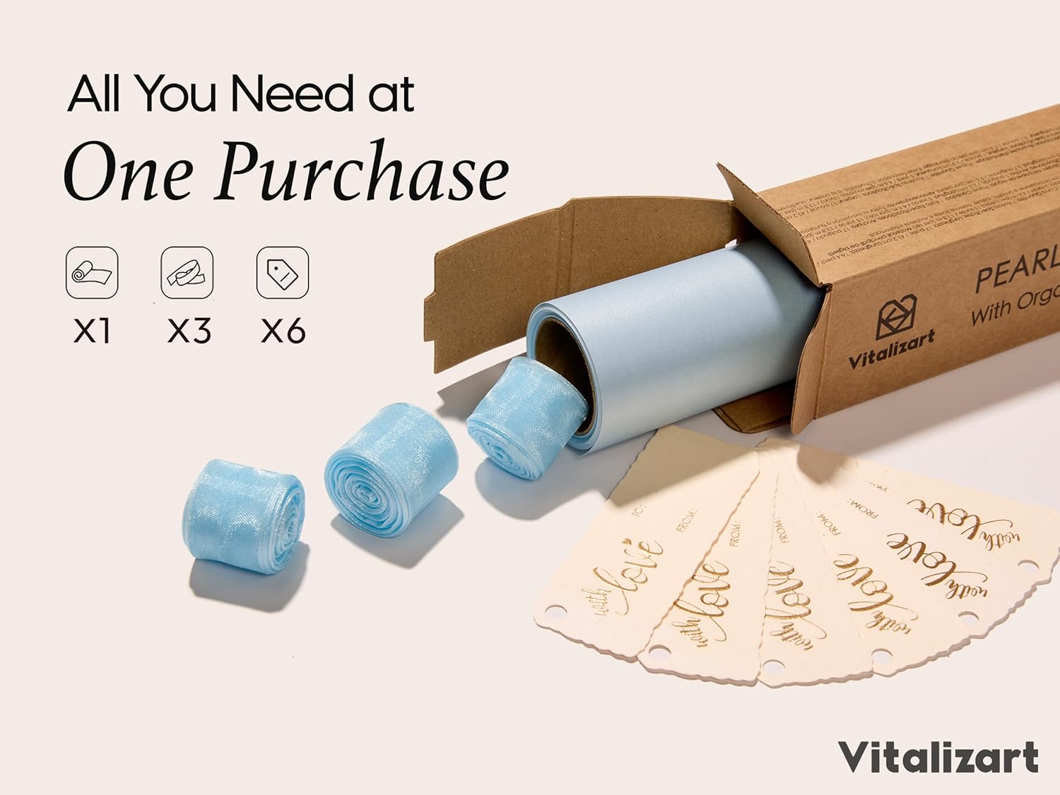 Vitalizart Pearly Wrapping Paper Set 17" × 197" w/ Satin Ribbon & Tags – Baby Blue - Vitalizart