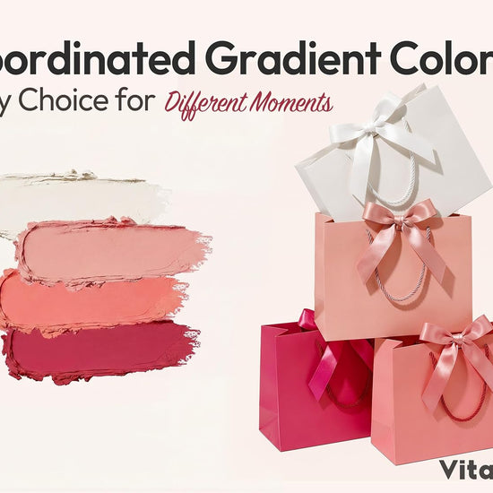 Vitalizart Paper Gift Bags With Ribbon Handles Set of 4 Pink Bulk Reusable For Gift Wrap 13" x10"x5"Large Size(Pink & Cream) - Vitalizart