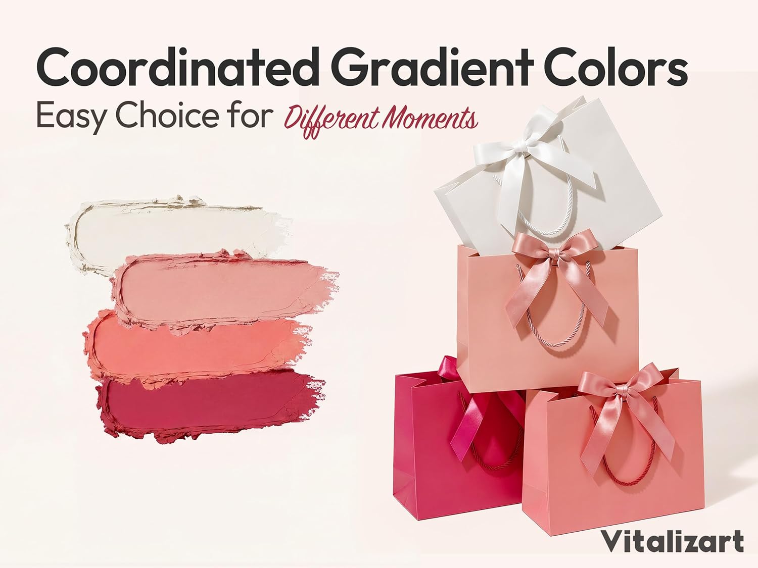 Vitalizart Paper Gift Bags With Ribbon Handles Set of 4 Pink Bulk Reusable For Gift Wrap 13" x10"x5"Large Size(Pink & Cream) - Vitalizart