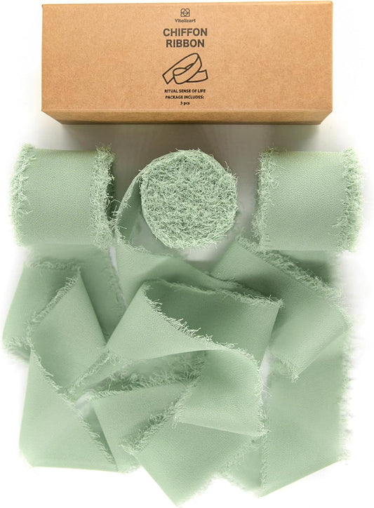 Fringe Chiffon Silk Ribbon 1.5" x 21Yd (Sage Green)