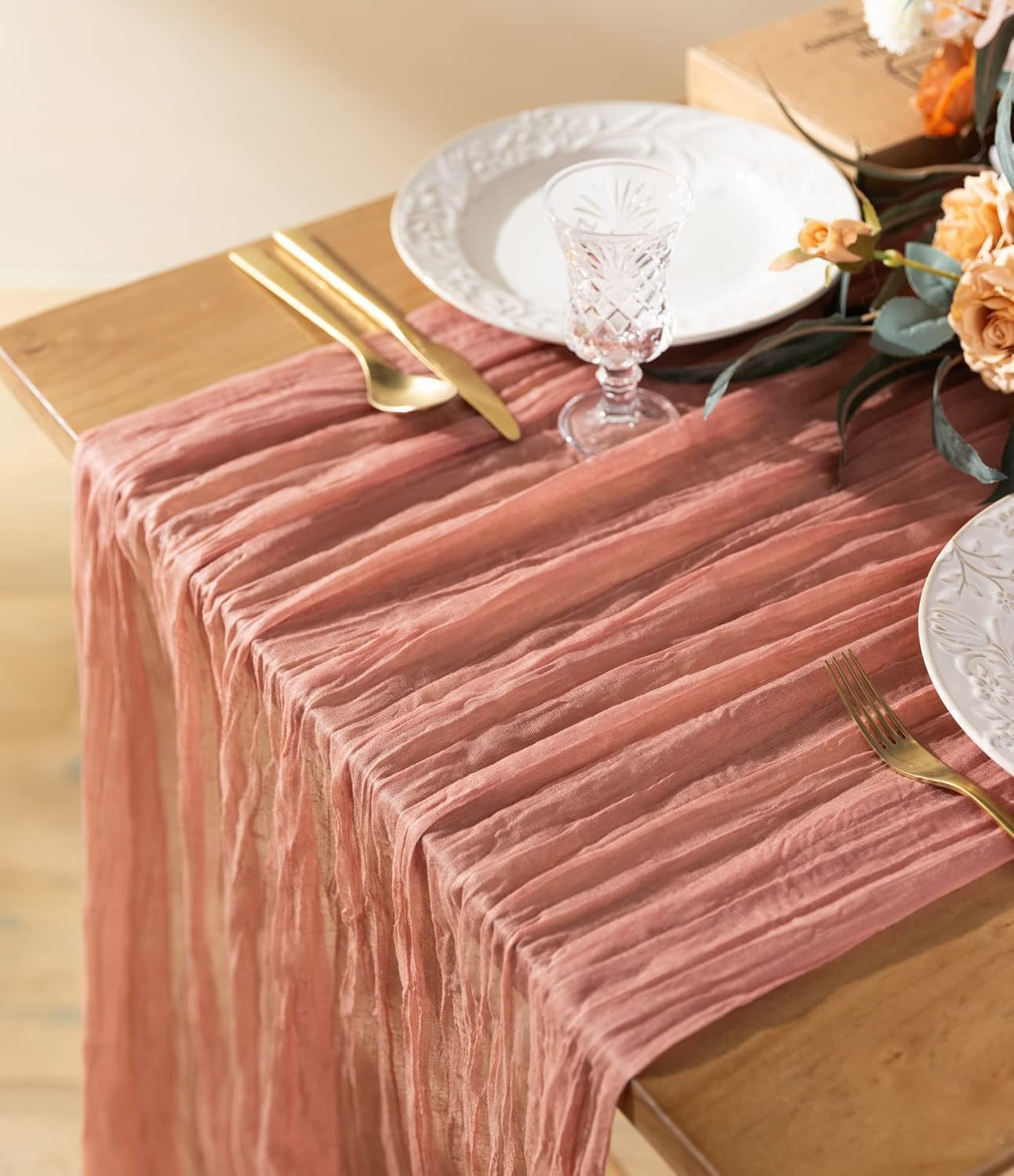 Cheesecloth Table Runner Gauze Boho Rustic 35 x 120 Inches (Peach Coral)