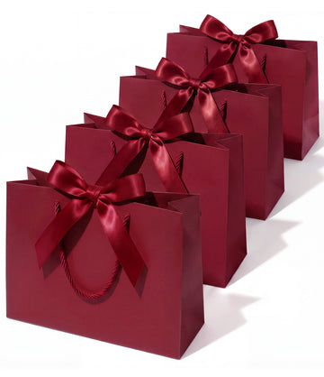 Burgundy Red Large Paper Gift Bags with Ribbon Bows — Set of 4 - Vitalizart