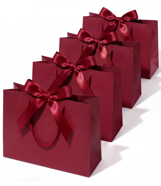 Burgundy Red Large Paper Gift Bags with Ribbon Bows — Set of 4 - Vitalizart