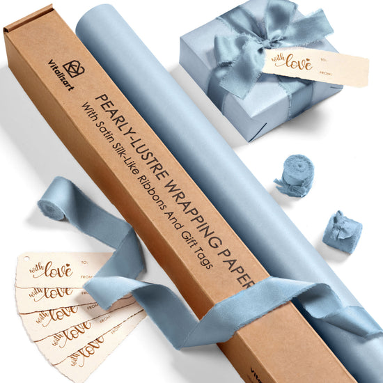 Wrapping Paper Set 30"x197" Pearly-Lustre With Silk Like Satin Ribbon & Gift Tags (Dusty Blue Paper & Dusty Blue Ribbons) - Vitalizart