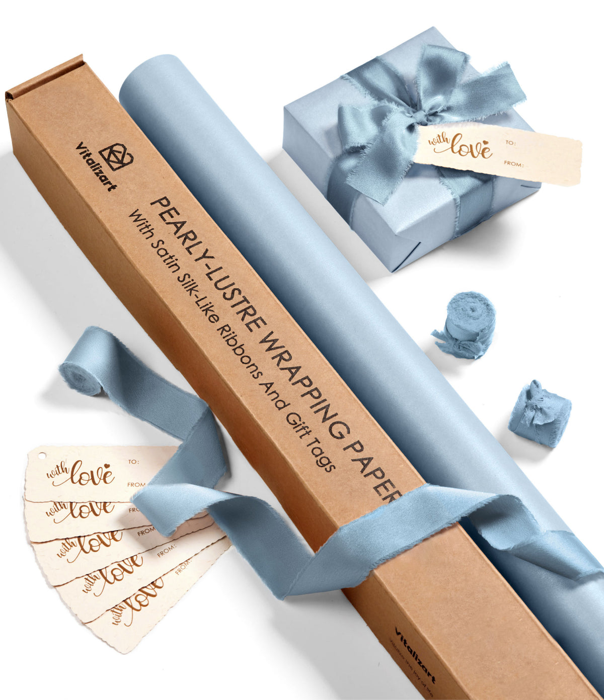 Wrapping Paper Set 30"x197" Pearly-Lustre With Silk Like Satin Ribbon & Gift Tags (Dusty Blue Paper & Dusty Blue Ribbons) - Vitalizart