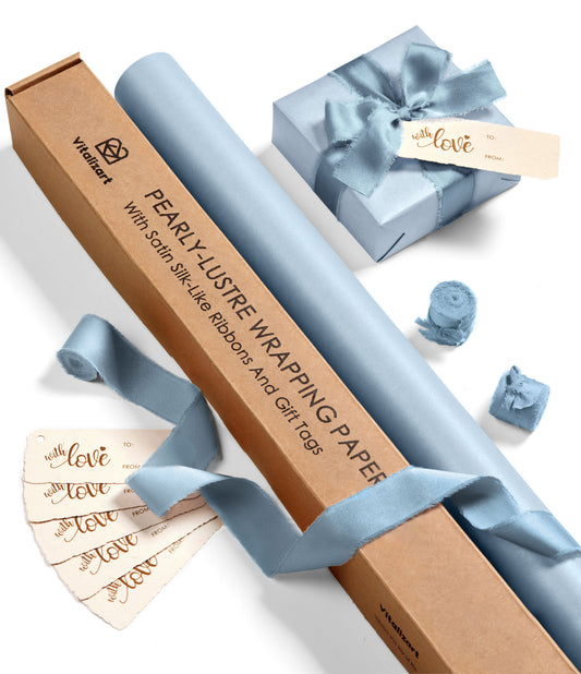 Wrapping Paper Set 30"x197" Pearly-Lustre With Silk Like Satin Ribbon & Gift Tags (Dusty Blue Paper & Dusty Blue Ribbons) - Vitalizart