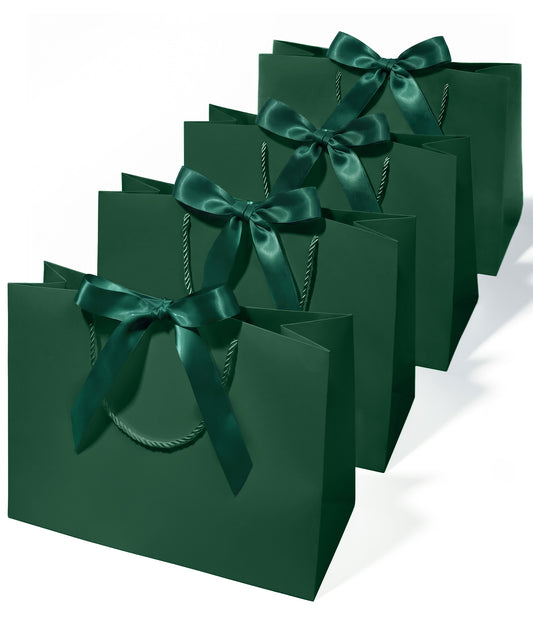 Dark Green Large Paper Gift Bags with Ribbon Bows — Set of 4 - Vitalizart