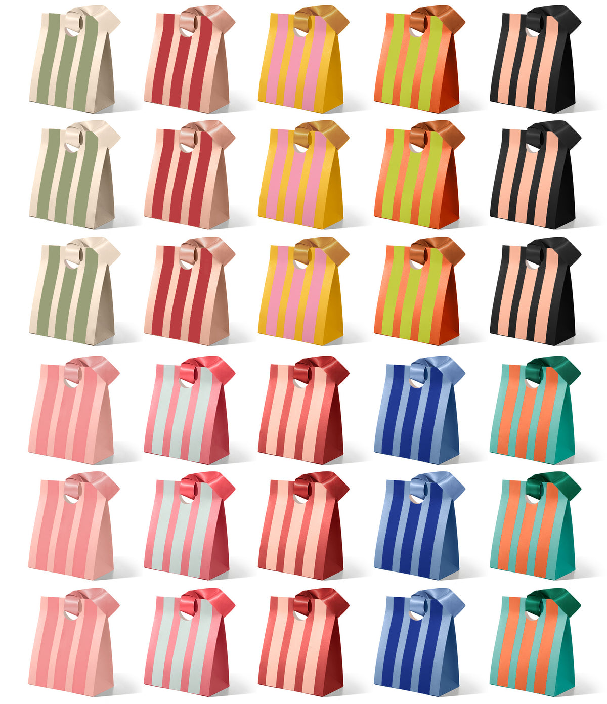 Mixed-Color Striped Paper Small Gift Bags with Ribbon Handles — Set of 30 - Vitalizart