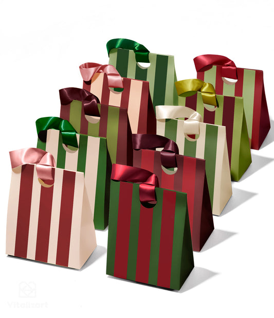 Mixed-Color Striped Paper Small Gift Bags with Ribbon Handles — Set of 10 - Vitalizart