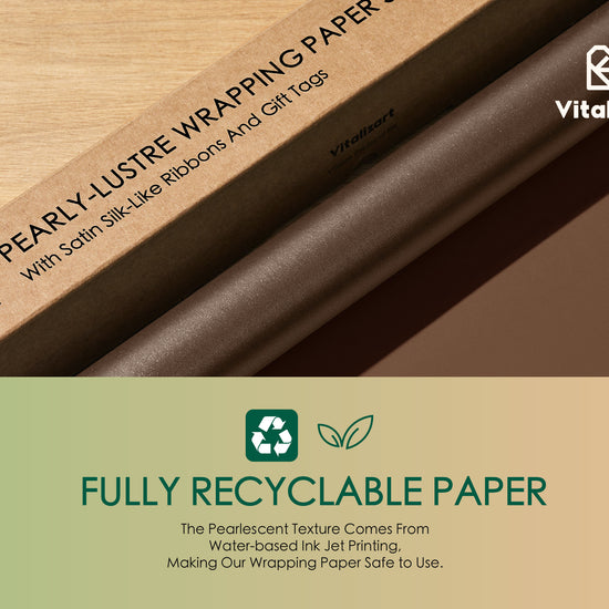 Wrapping Paper Set 17"x197" Pearly-Lustre With Silk Like Satin Ribbon & Gift Tags (Brown Paper & Brown Ribbons) - Vitalizart