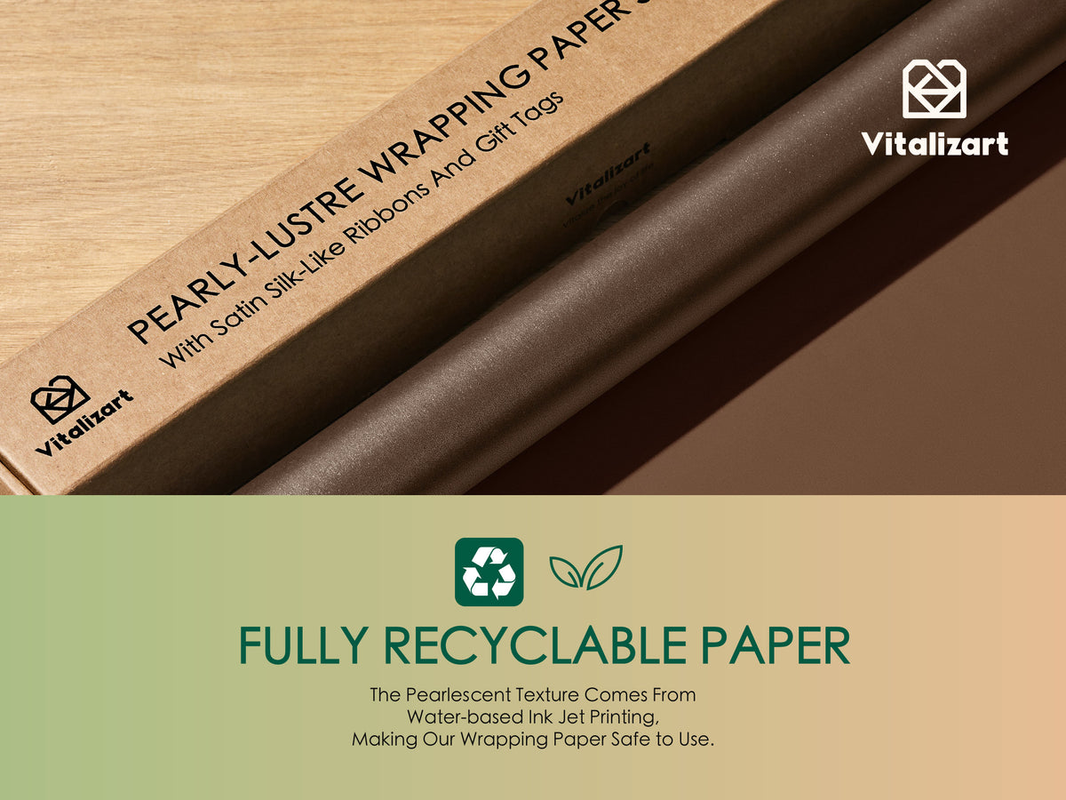 Wrapping Paper Set 17"x197" Pearly-Lustre With Silk Like Satin Ribbon & Gift Tags (Brown Paper & Brown Ribbons) - Vitalizart