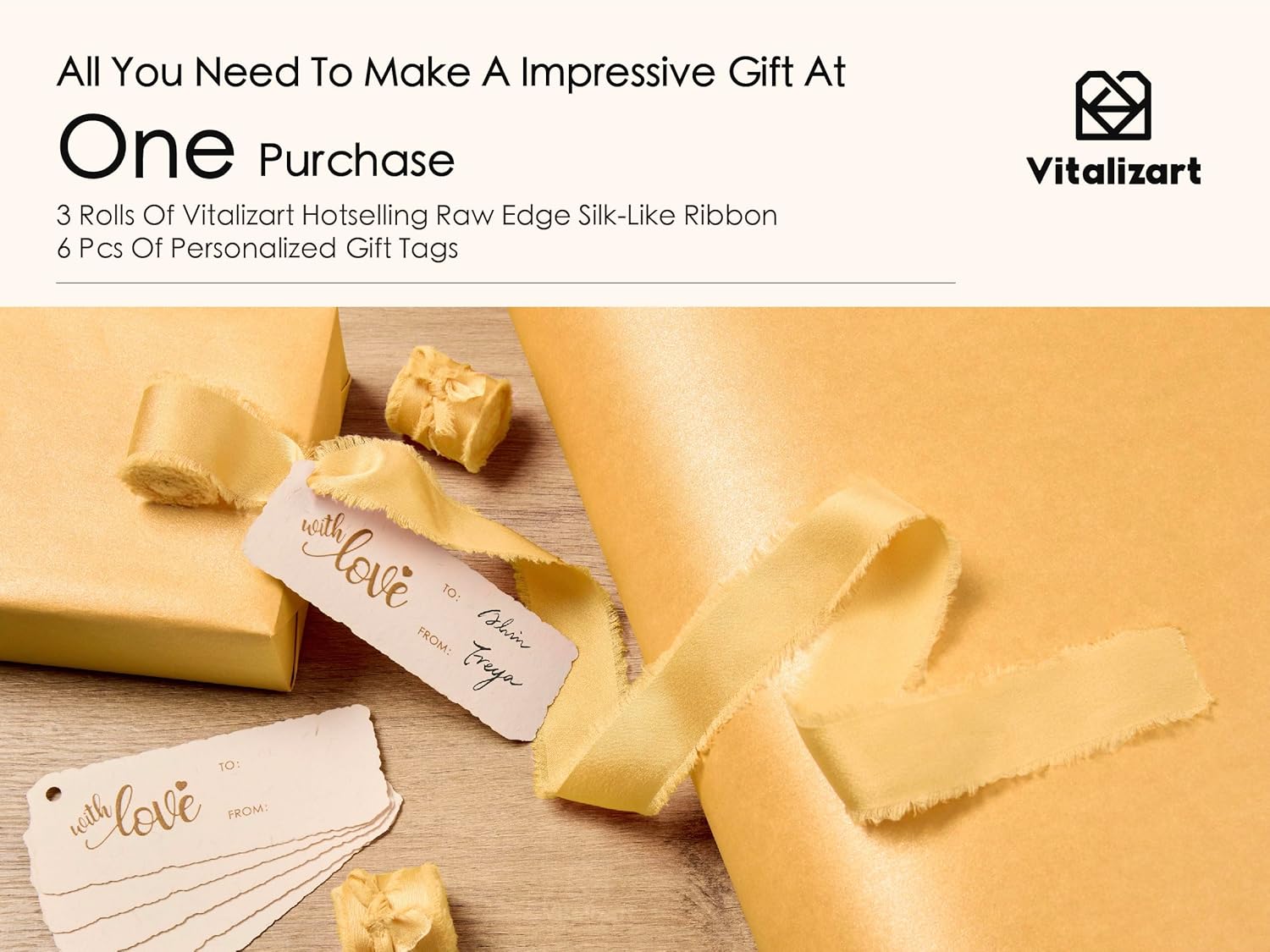 Wrapping Paper Set 17"x197" Pearly - Lustre With Silk Like Satin Ribbon & Gift Tags (Gold Paper & Gold Ribbons) - Vitalizart