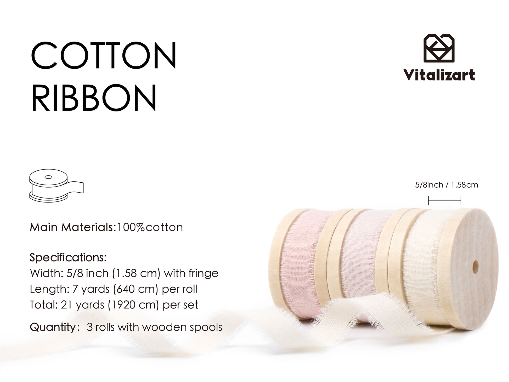 Cotton Ribbon Handmade Fringe 5/8" x 21 Yd (Cream & Pink) - Vitalizart