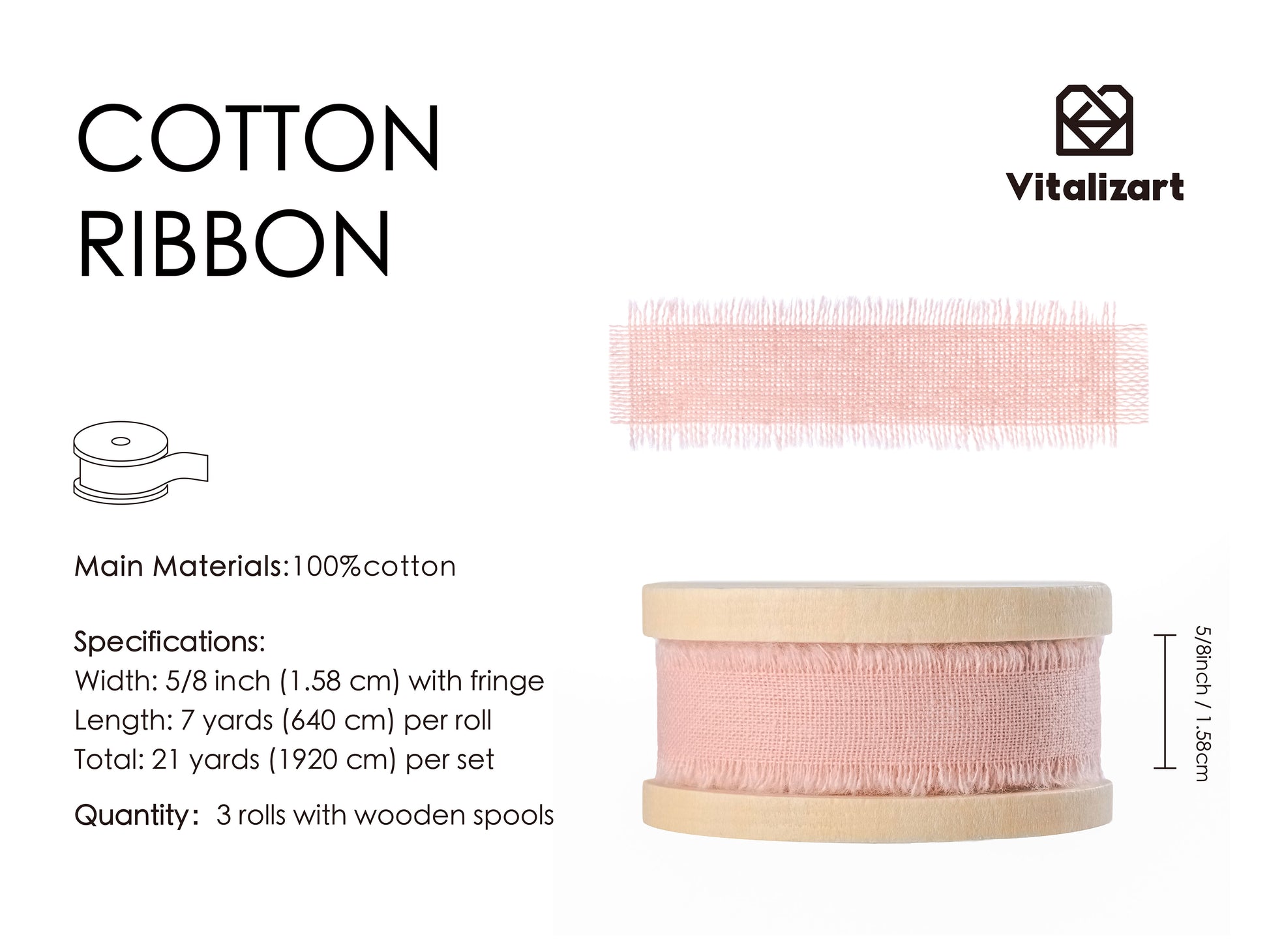 Cotton Ribbon Handmade Fringe 5/8" x 21 Yd (Pink) - Vitalizart