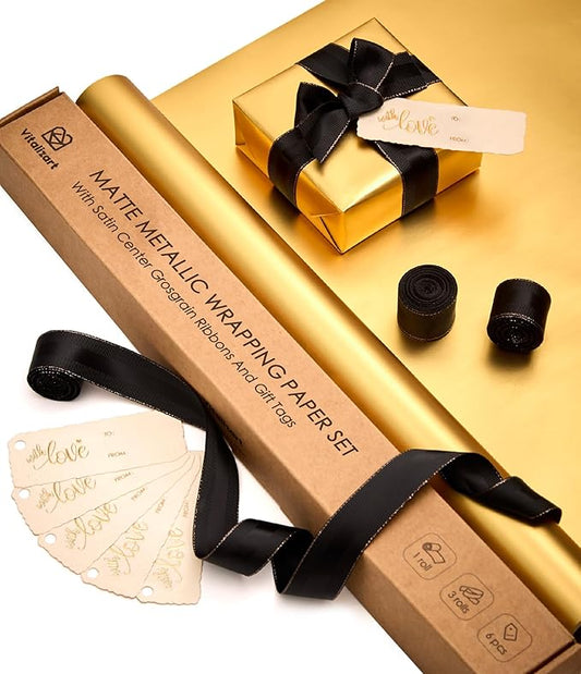 Wrapping Paper Set 17"x197" Matte Metallic With Silk Satin Ribbon & Gift Tags for Baby (Gold Paper & Black Ribbons)