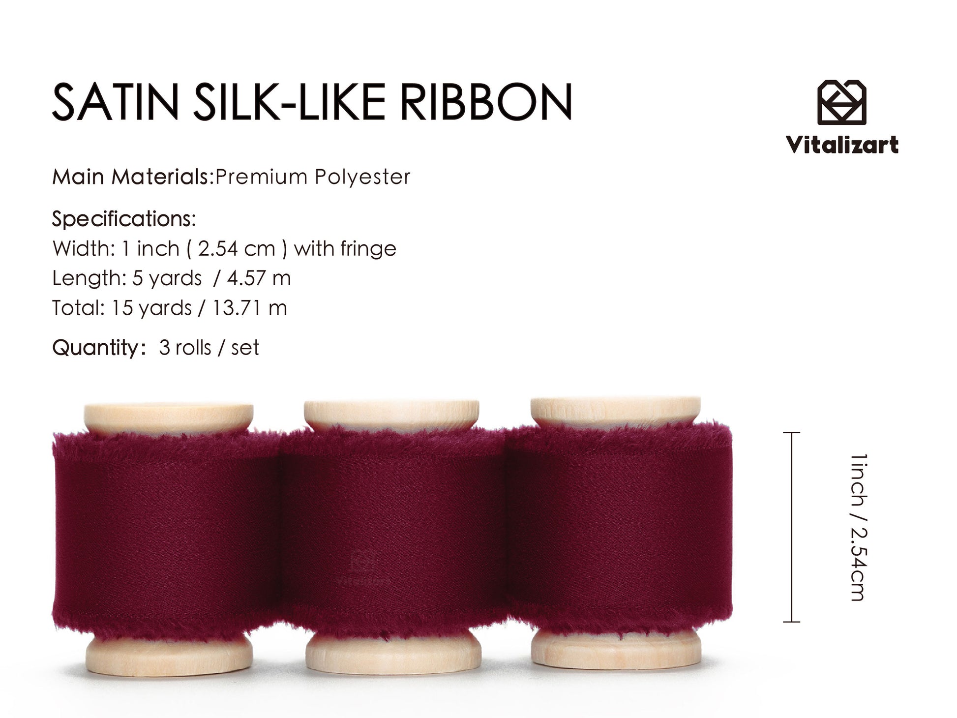 Silk Satin Ribbon With Wooden Spool 1" x 15 Yd (Burgundy Red) - Vitalizart