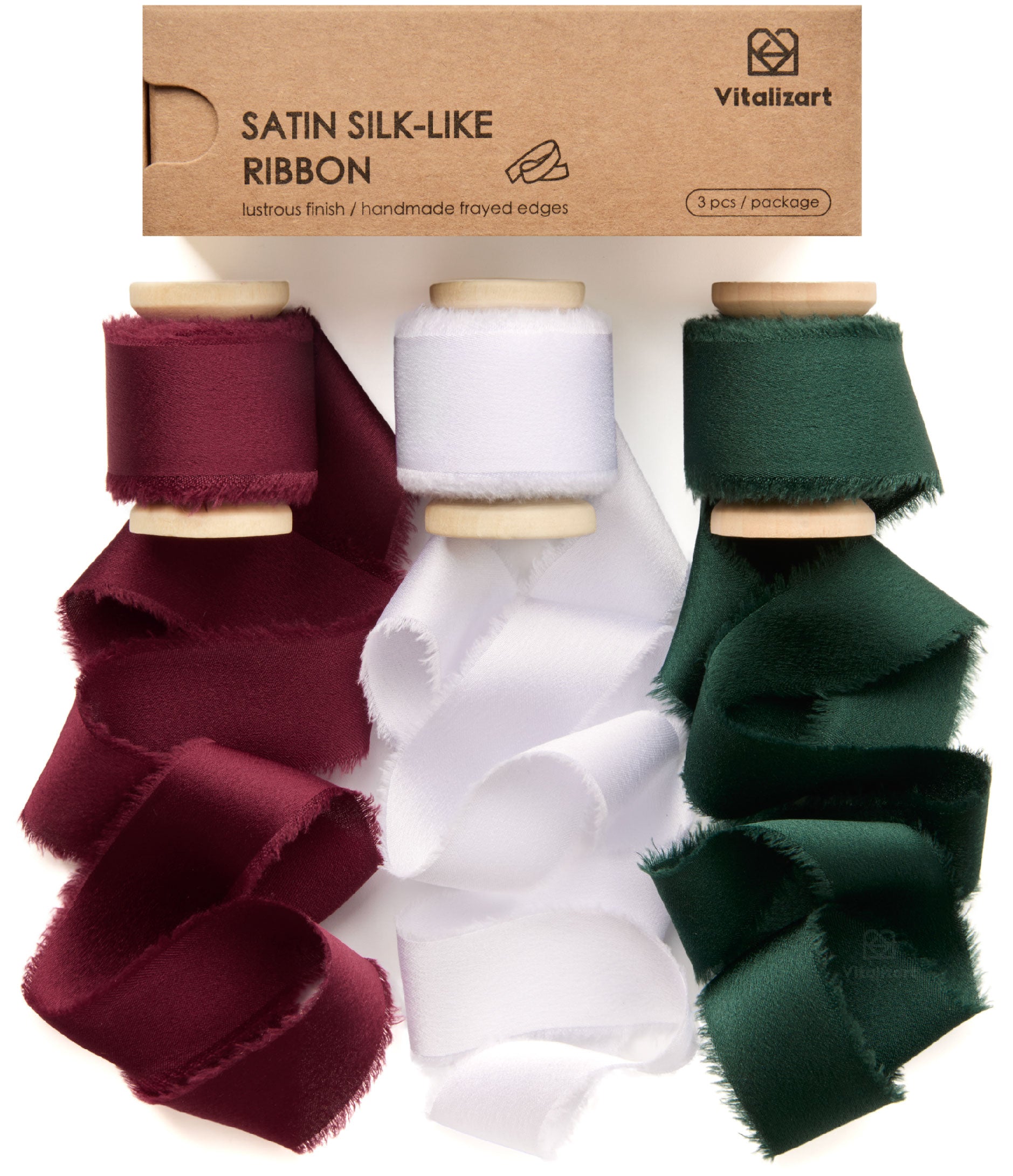 Silk Satin Ribbon With Wooden Spool 1" x 15 Yd (White Red Green) - Vitalizart