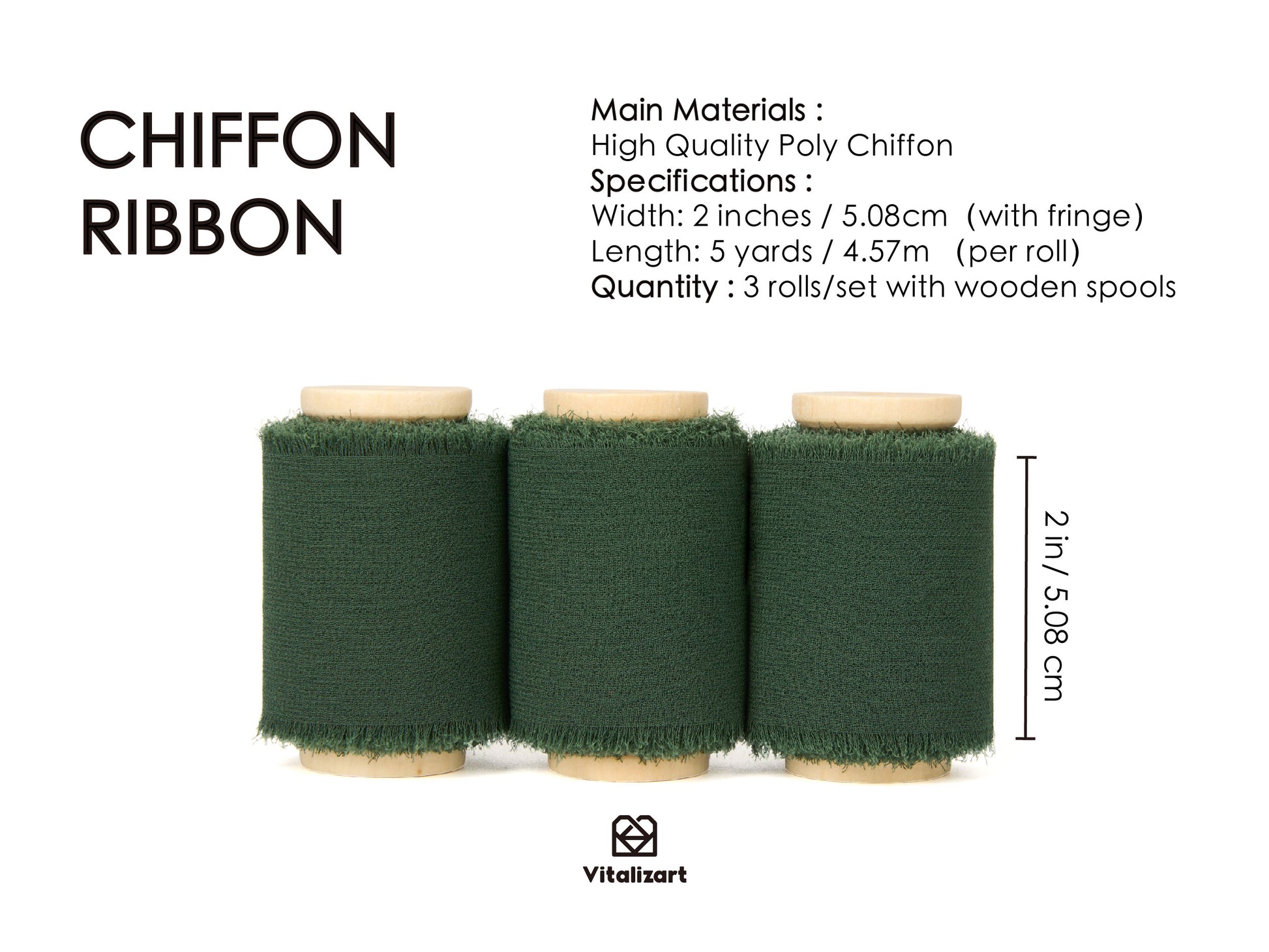 Chiffon Ribbon with Wooden Spool 2" x 15 Yd (Dark Green) - Vitalizart