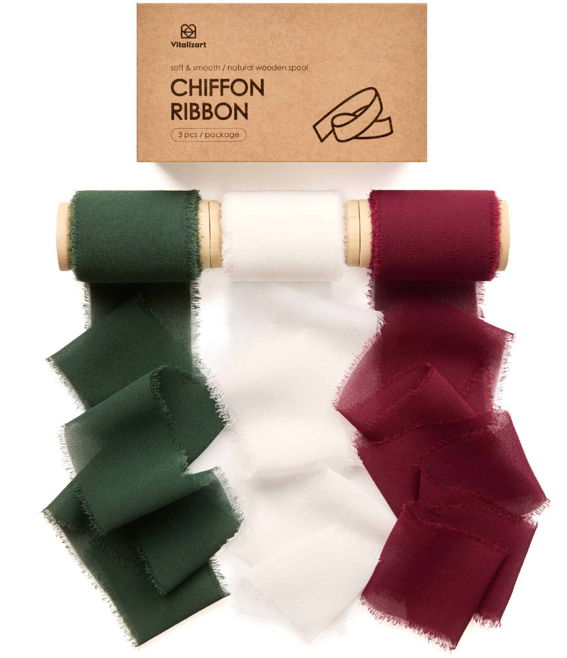 Chiffon Ribbon with Wooden Spool 2" x 15 Yd (White Red Green) - Vitalizart