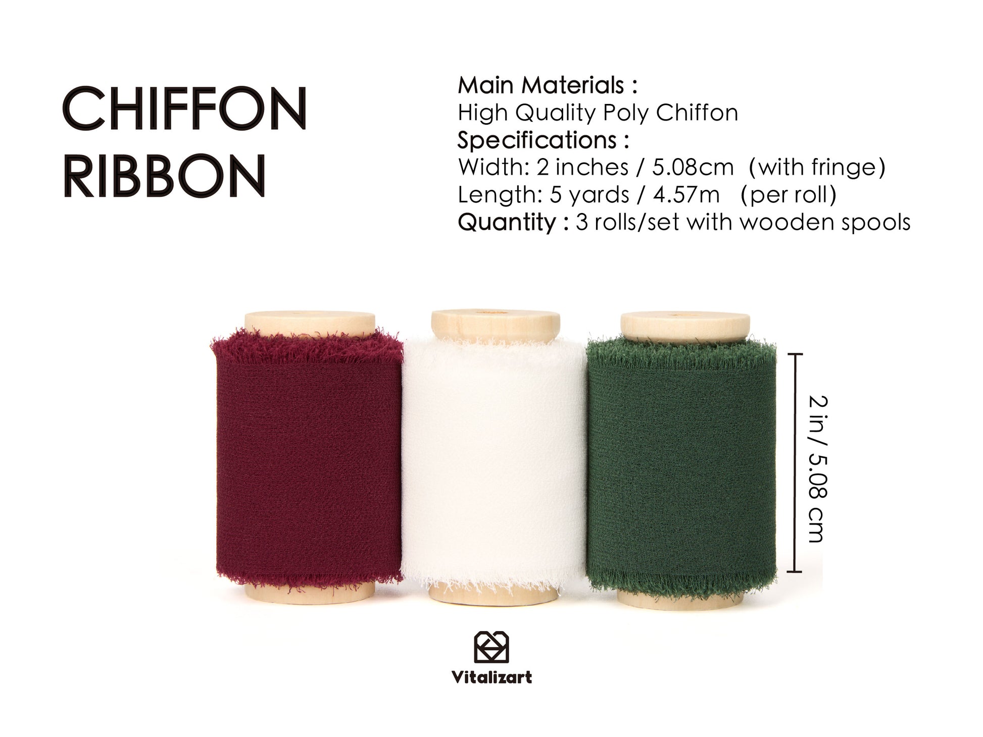 Chiffon Ribbon with Wooden Spool 2" x 15 Yd (White Red Green) - Vitalizart