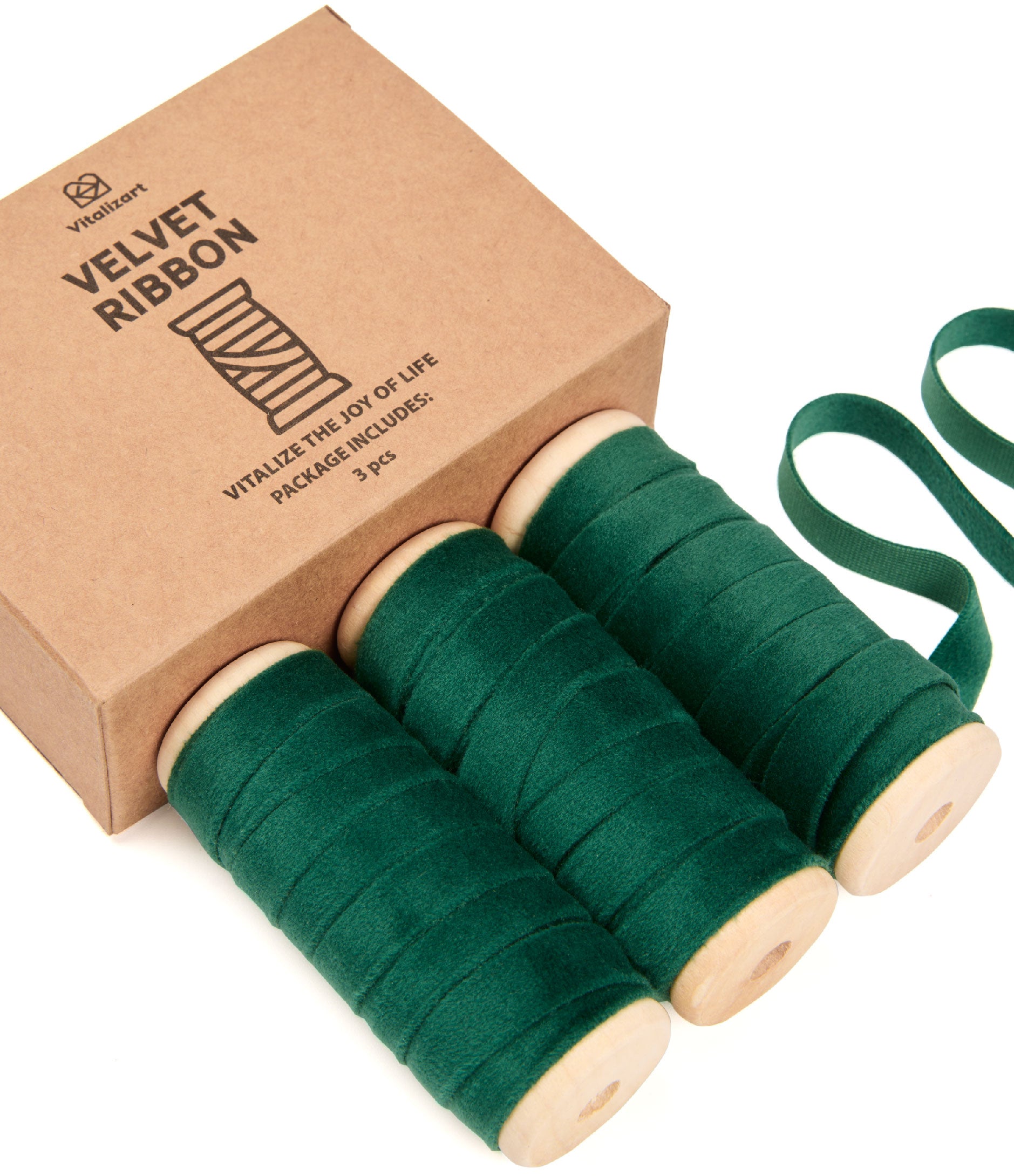 Velvet Ribbon With Wooden Spool 3/8" x 15 Yd (Dark Green) - Vitalizart