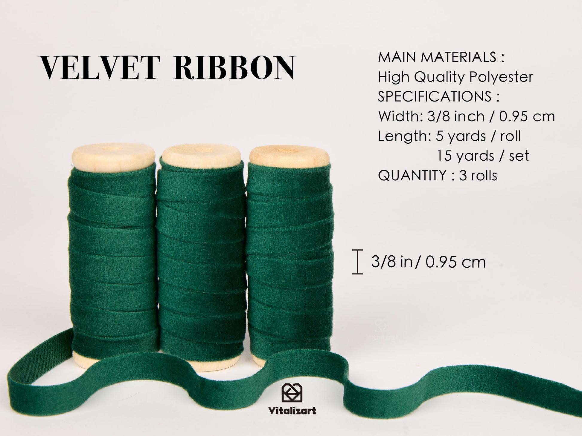 Velvet Ribbon With Wooden Spool 3/8" x 15 Yd (Dark Green) - Vitalizart