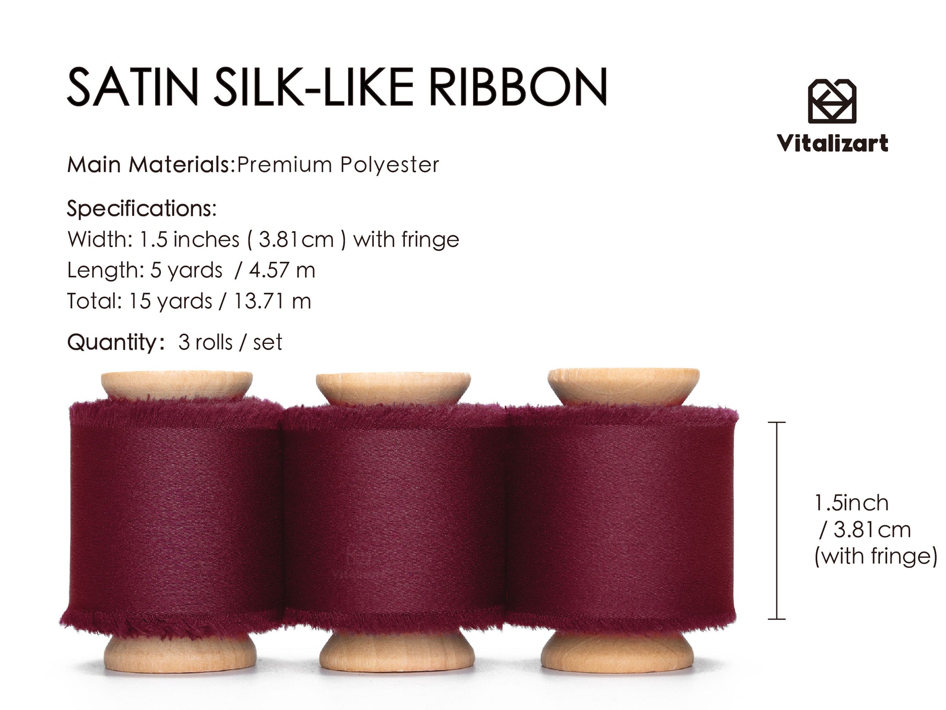 Silk Satin Ribbon with Wooden Spool 1.5" x 15 Yd (Burgundy Red) - Vitalizart