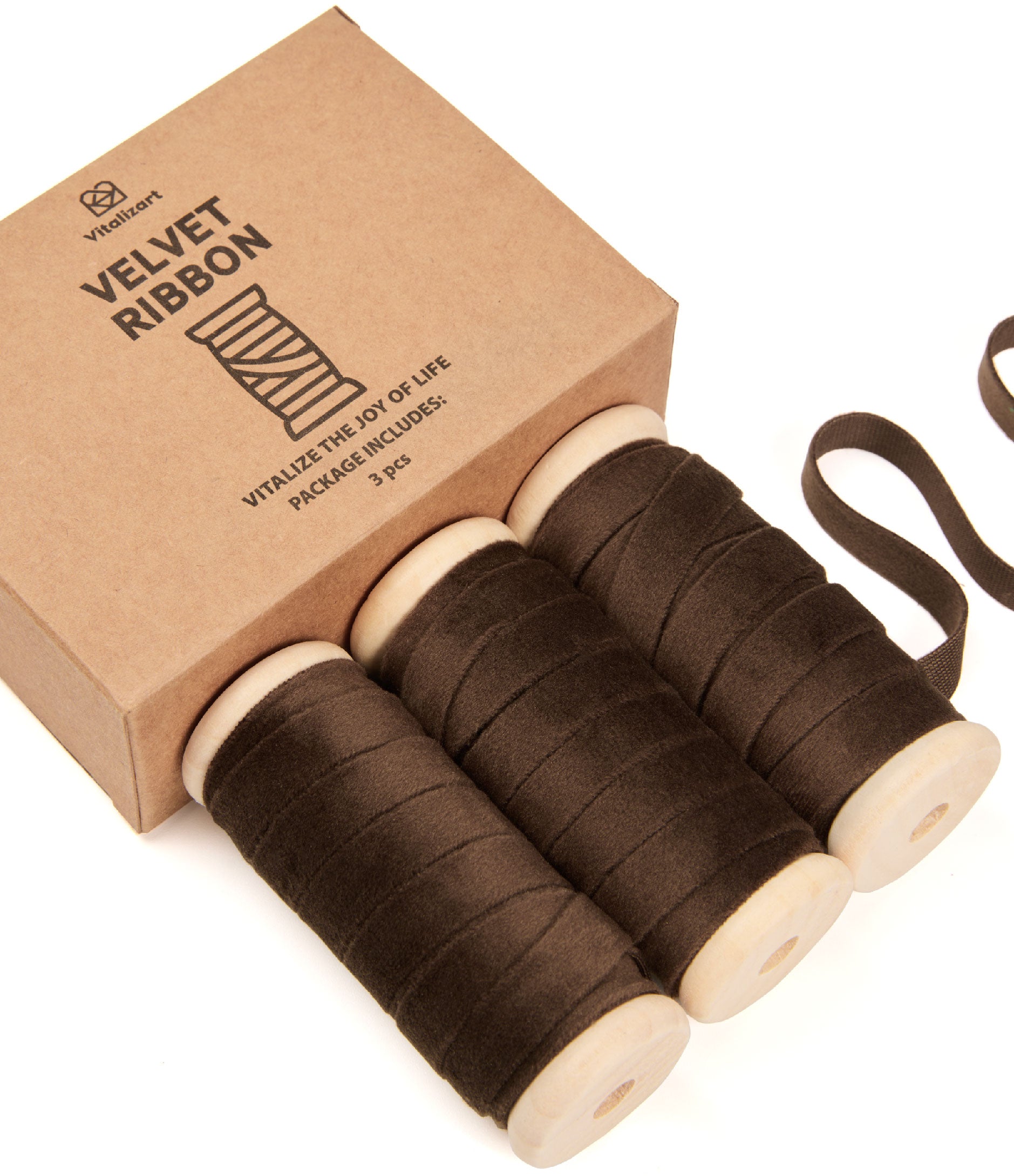Velvet Ribbon With Wooden Spool 3/8" x 15 Yd (Dark Brown) - Vitalizart