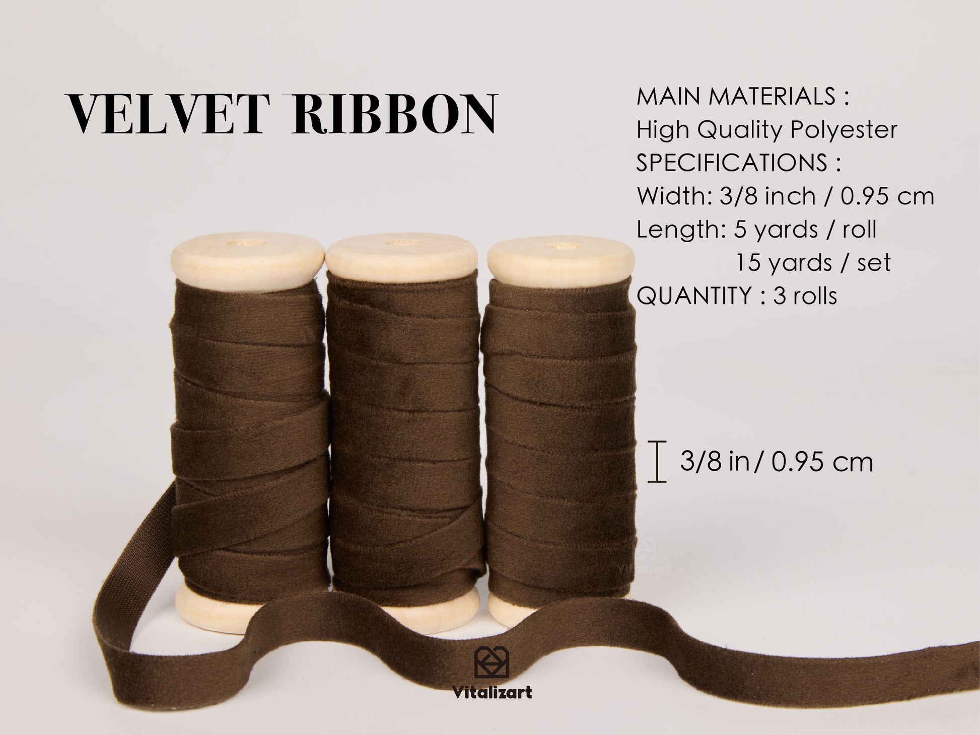 Velvet Ribbon With Wooden Spool 3/8" x 15 Yd (Dark Brown) - Vitalizart