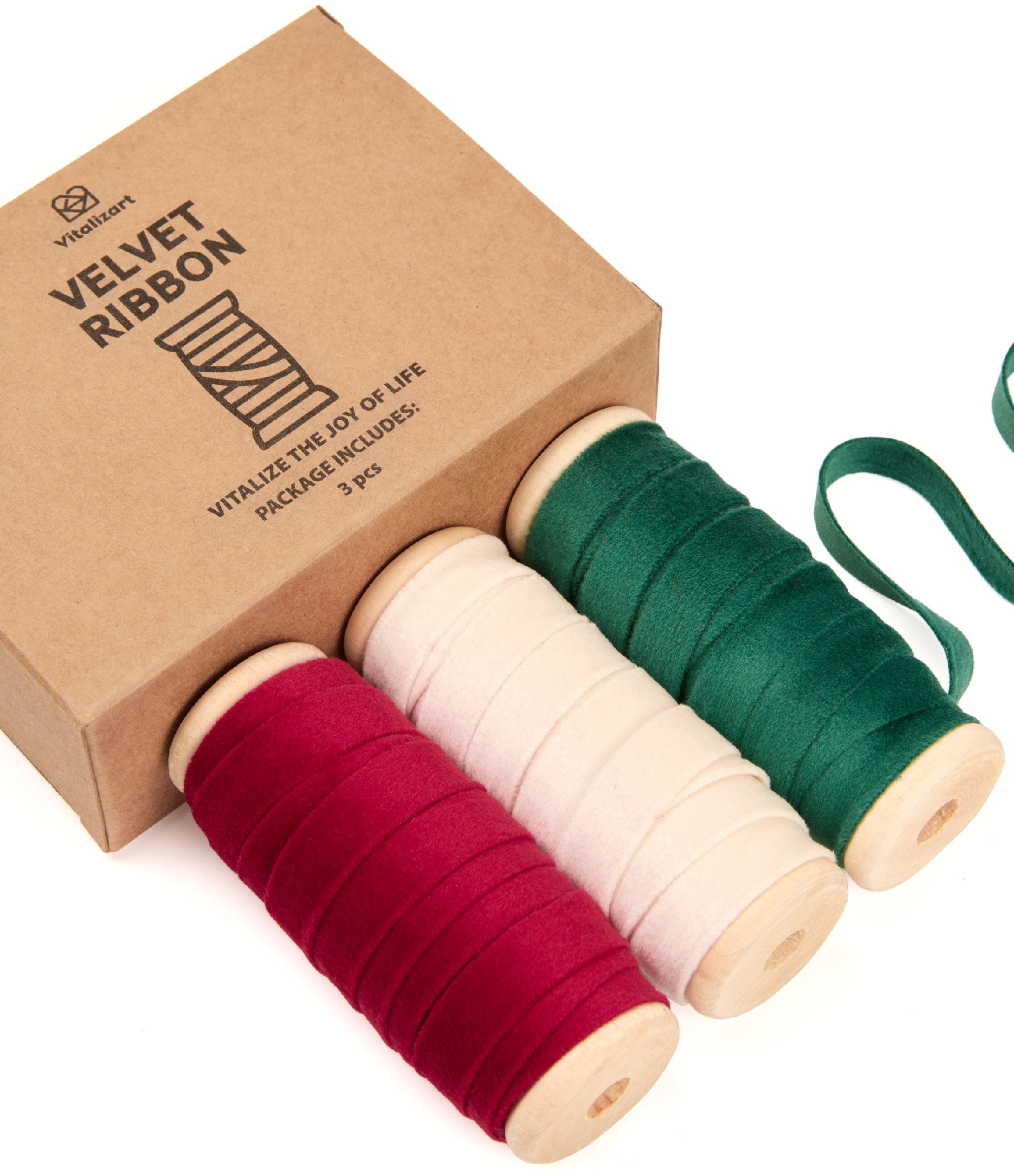 Velvet Ribbon With Wooden Spool 3/8" x 15 Yd (White Red Green) - Vitalizart