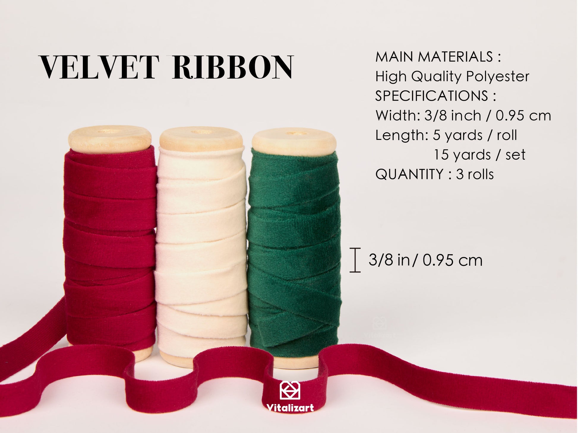 Velvet Ribbon With Wooden Spool 3/8" x 15 Yd (White Red Green) - Vitalizart