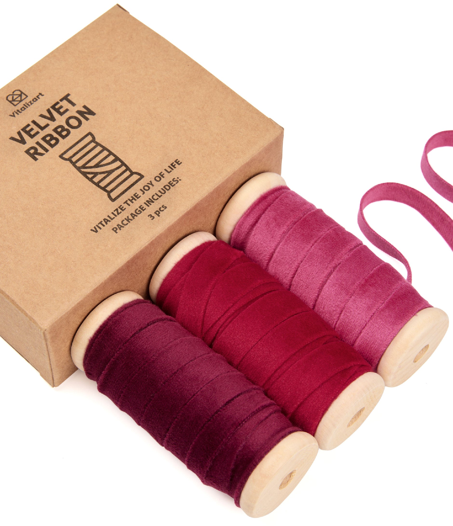Velvet Ribbon With Wooden Spool 3/8" x 15 Yd (Burgundy & Red) - Vitalizart