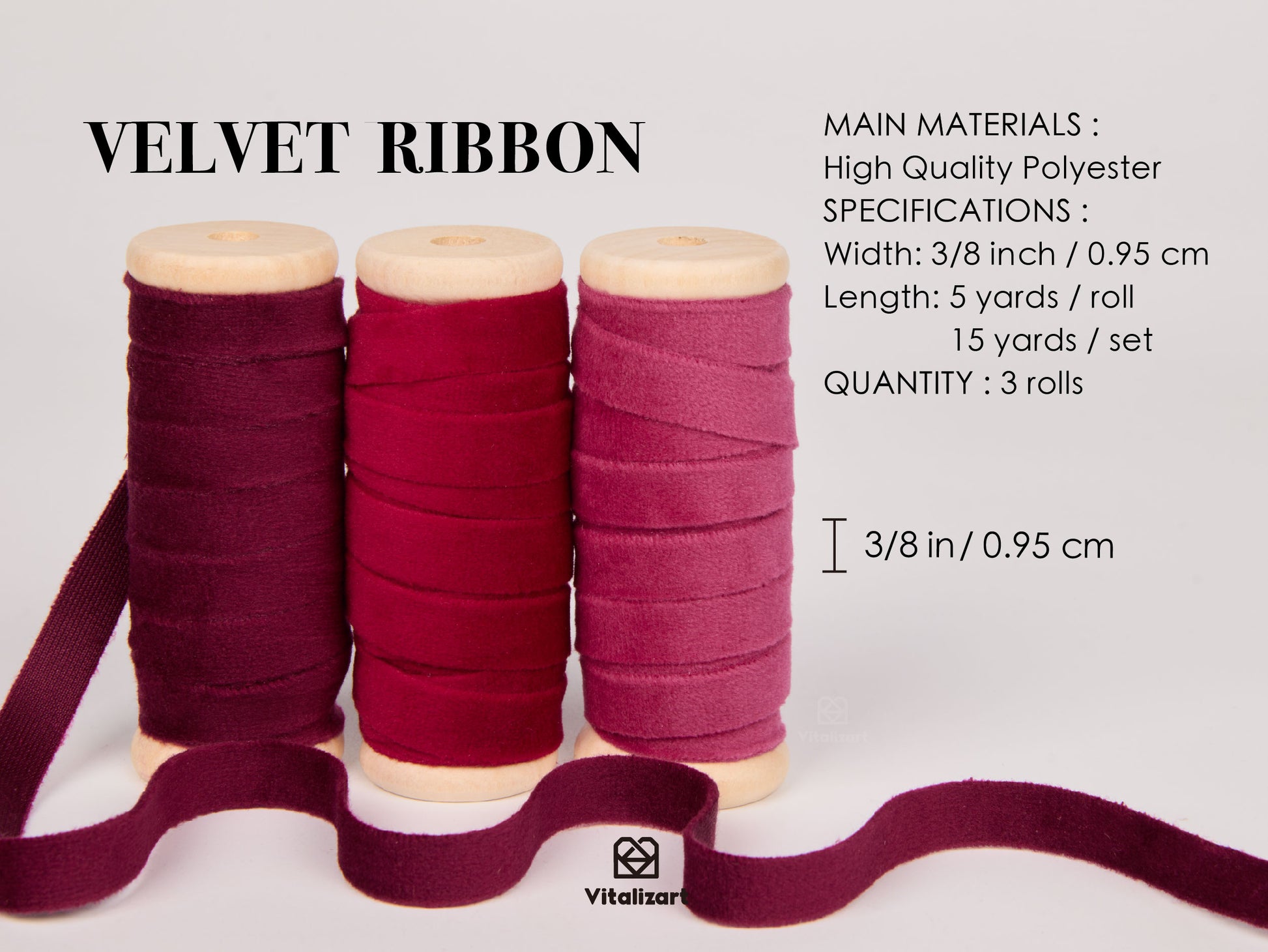 Velvet Ribbon With Wooden Spool 3/8" x 15 Yd (Burgundy & Red) - Vitalizart