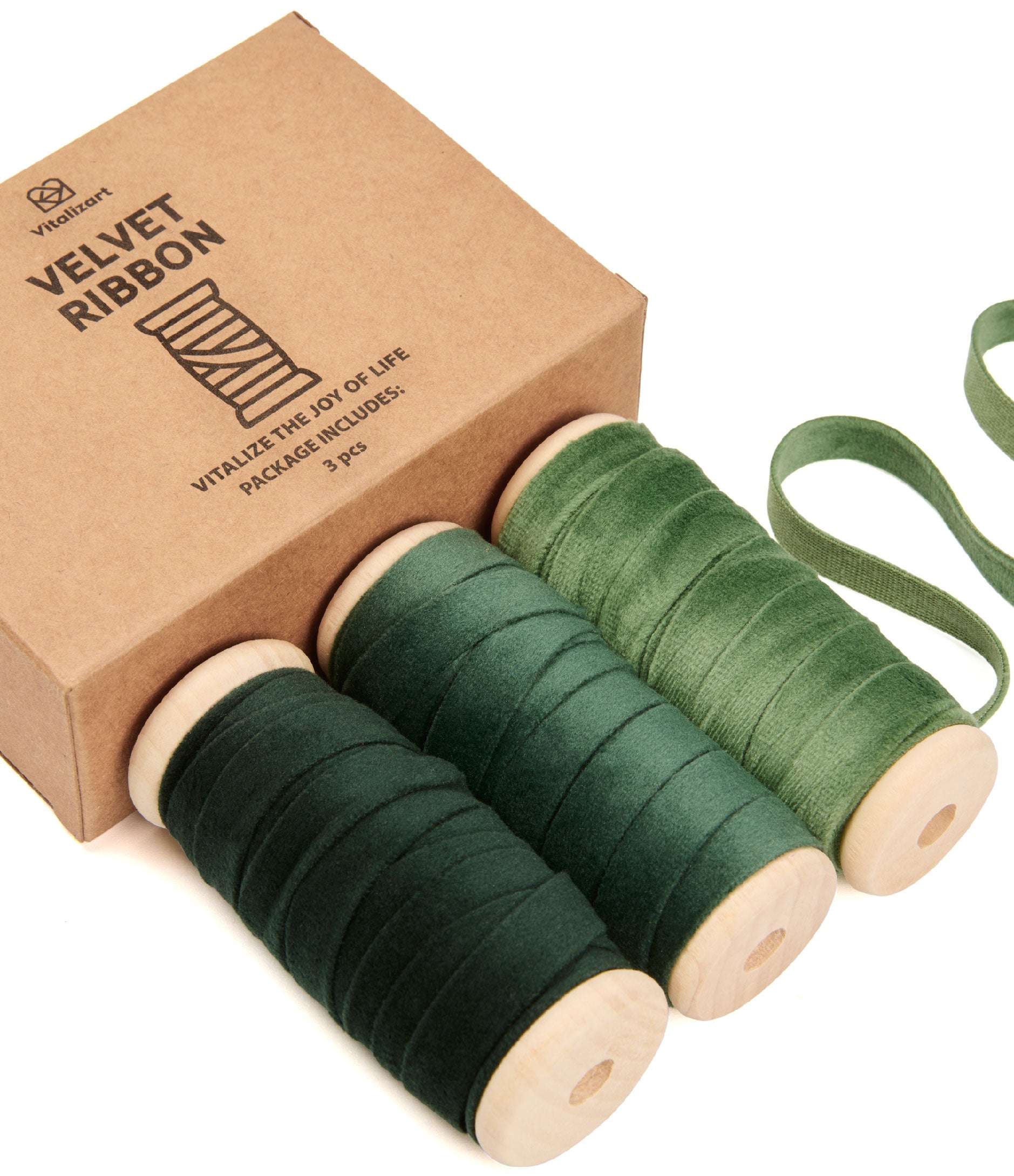 Velvet Ribbon With Wooden Spool 3/8" x 15 Yd (Green Series) - Vitalizart