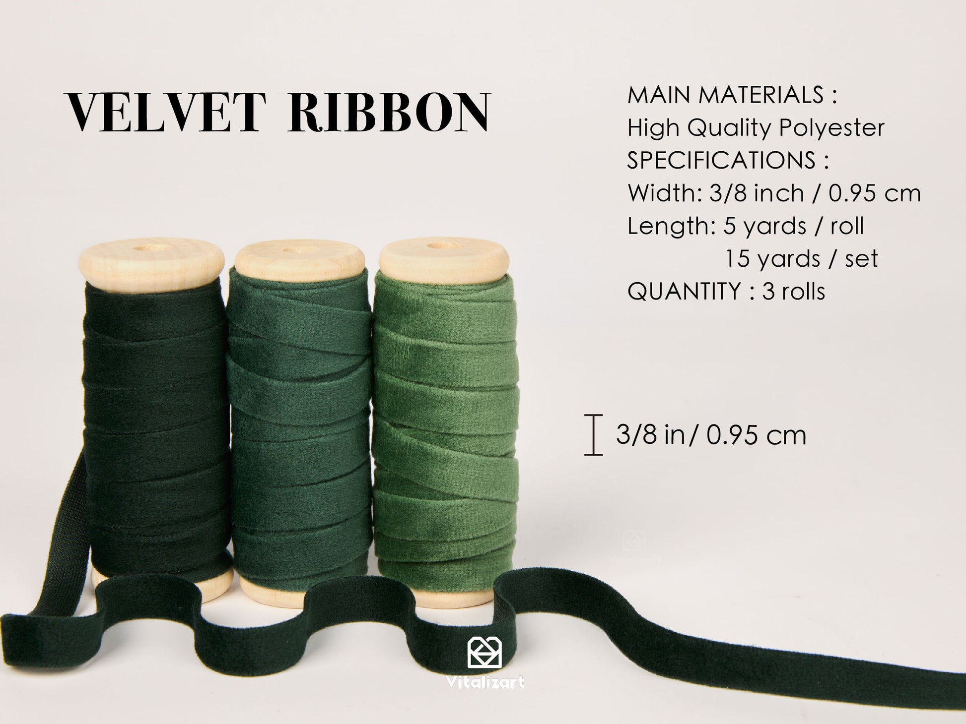 Velvet Ribbon With Wooden Spool 3/8" x 15 Yd (Green Series) - Vitalizart