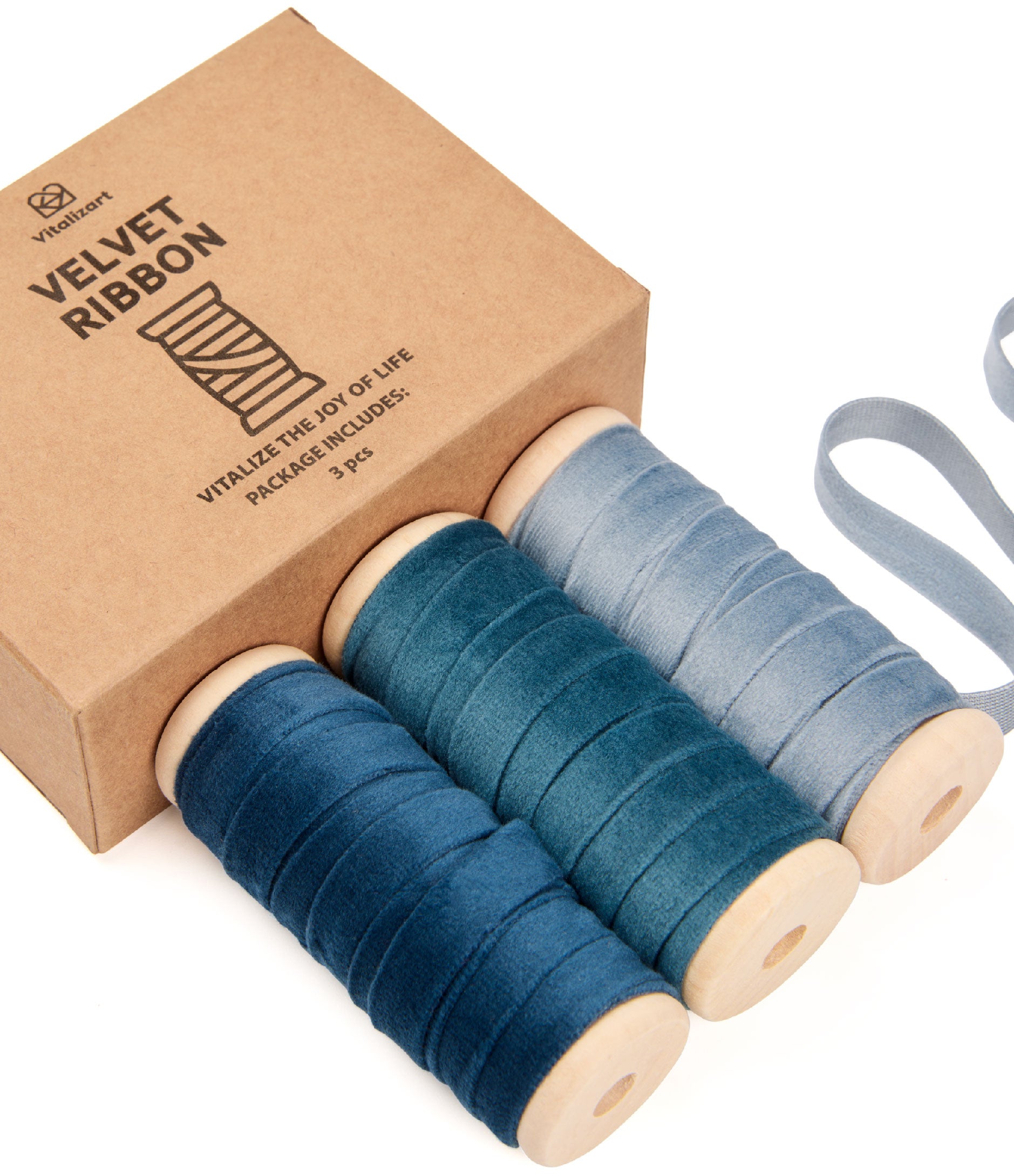 Velvet Ribbon With Wooden Spool 3/8" x 15 Yd (Blue Series) - Vitalizart