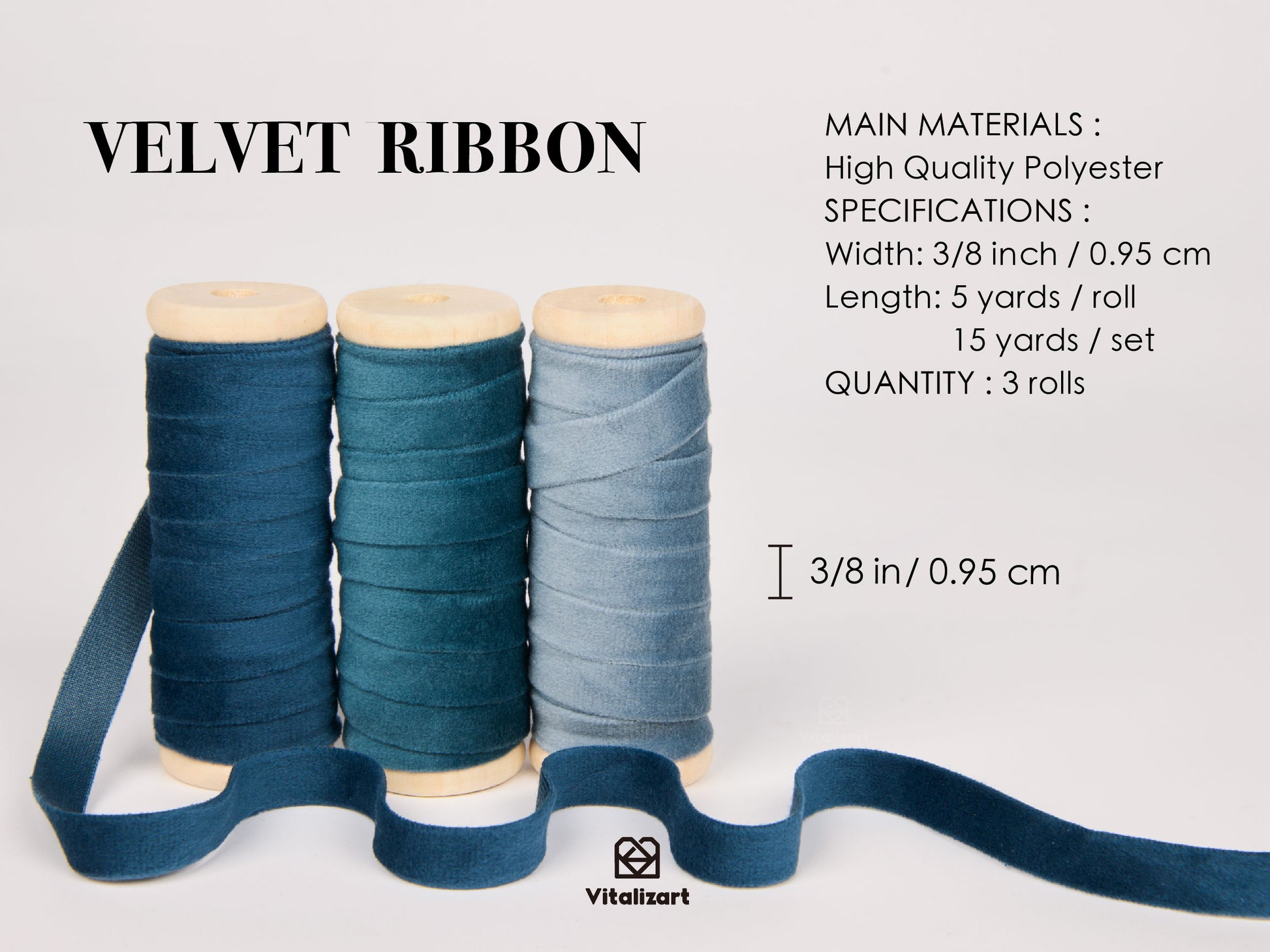 Velvet Ribbon With Wooden Spool 3/8" x 15 Yd (Blue Series) - Vitalizart