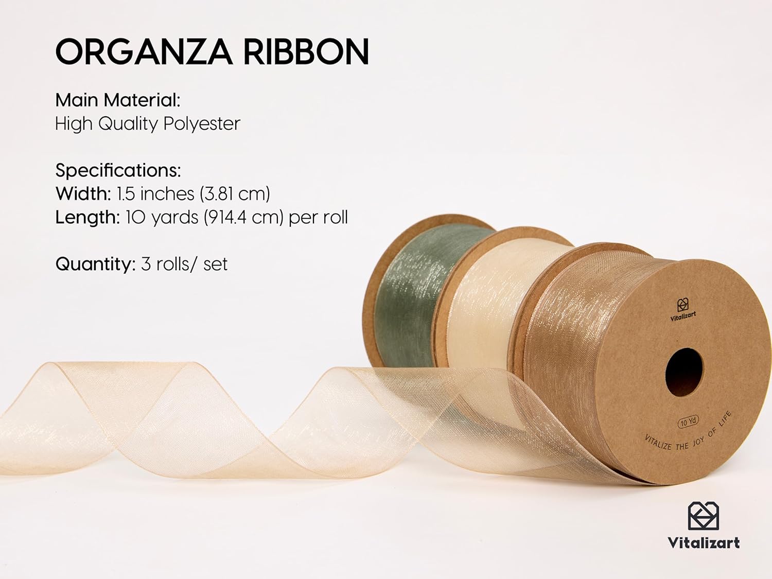 Vitalizart Organza Ribbon 1.5" x 30 Yd Cream White Rose Gold & Dusty Green Sheer(White Rose Gold & Green) - Vitalizart