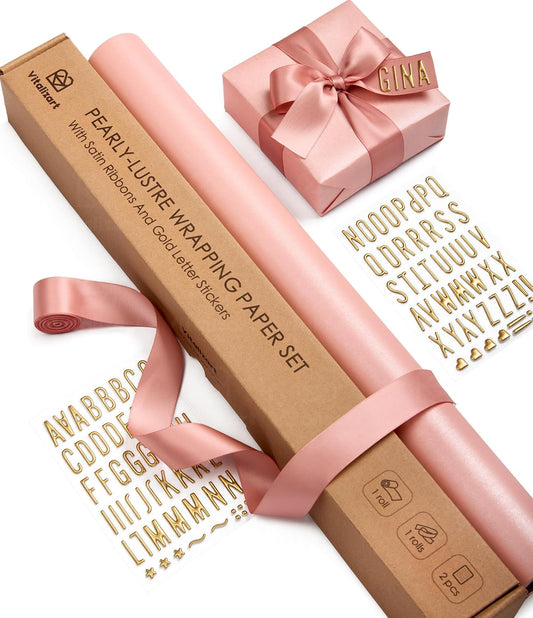 Vitalizart Pearlescent Holographic Wrapping Paper Set with Silky Satin Ribbon – Pink Paper & Pink RIbbons - Vitalizart