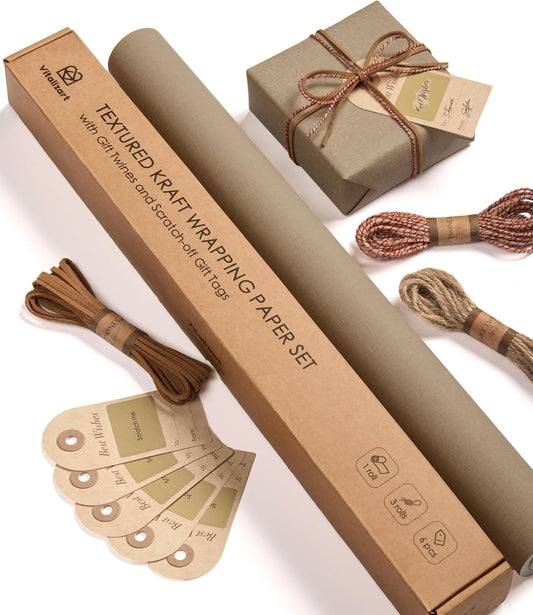 Vitalizart Textured Wrapping Paper Set 17" Roll Twine Ribbons & Tags Eco-Friendly Extra Thick( Beige Brown Paper & Twine Ribbons Set)