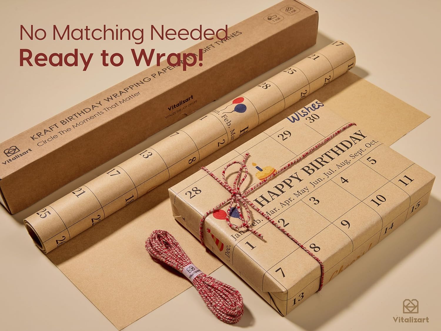 Vitalizart Write - On Calendar Birthday Wrapping Paper Set 17" With 5 - Yard Twine Recyclable Customizable Gift Wrap - Vitalizart