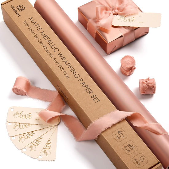 Wrapping Paper Set 17"x197" Matte Metallic With Silk Satin Ribbon & Gift Tags for Baby (Pink Paper & Pink Ribbons) - Vitalizart