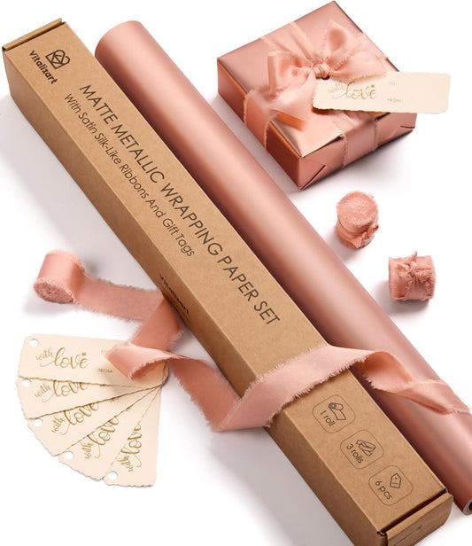 Wrapping Paper Set 17"x197" Matte Metallic With Silk Satin Ribbon & Gift Tags for Baby (Pink Paper & Pink Ribbons) - Vitalizart