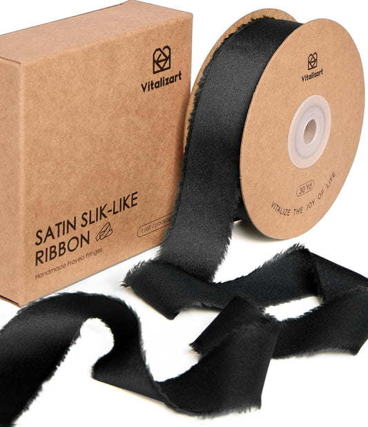 FRAYED FRINGE SILK SATIN RIBBON 1" X 30 YARD（Black）