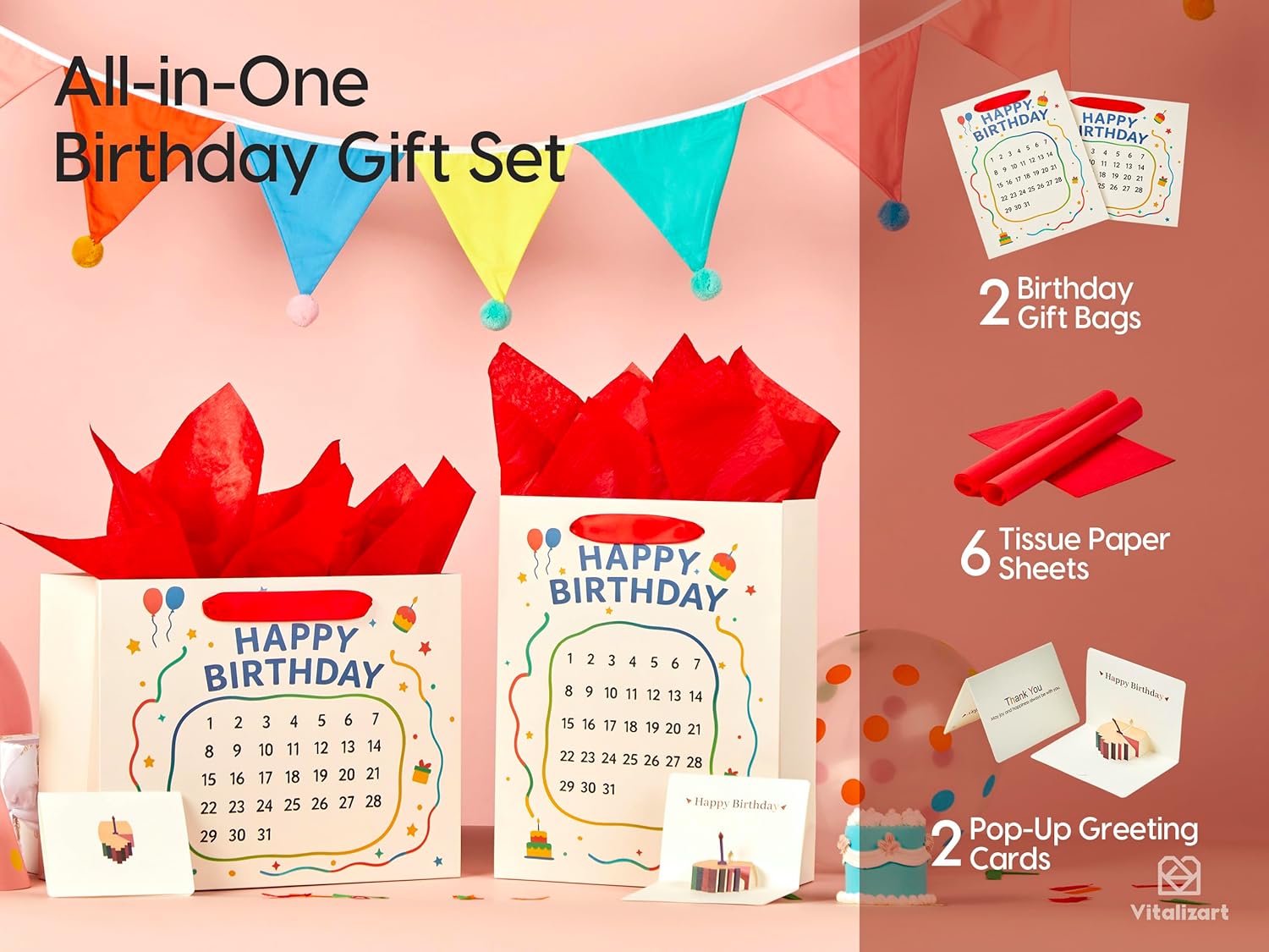 Vitalizart Birthday Paper Gift Bags With Ribbon Handles Set of 2 - Pop - Up Cards, Tissue Paper, Custom Calendar Design White Bags for Kids Birthday Party Favors Goodie Bags Girls Boys Shower（White, Kids Party Favors） - Vitalizart