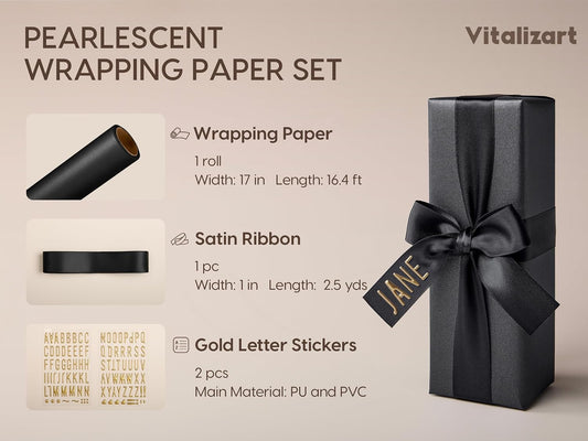 Vitalizart Pearlescent Holographic Wrapping Paper Set with Silky Satin Ribbon – Black Paper & Black RIbbons - Vitalizart