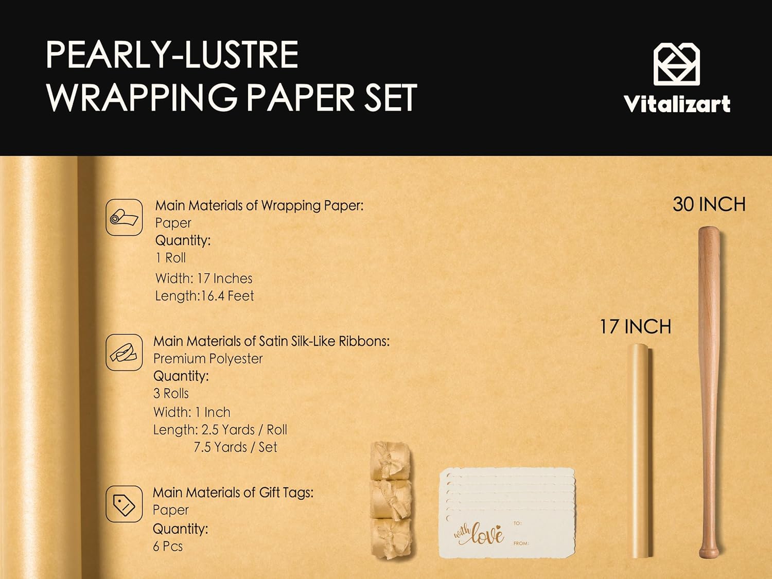 Wrapping Paper Set 30"x197" Pearly - Lustre With Silk Like Satin Ribbon & Gift Tags (Gold Paper & Gold Ribbons) - Vitalizart