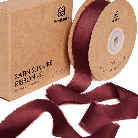 Frayed Fringe Silk Satin Ribbon 1" x 30 Yard (Burgundy) - Vitalizart