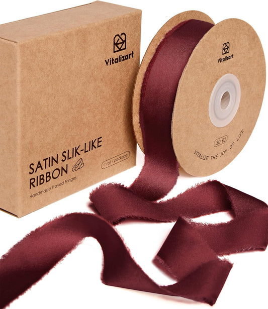 Frayed Fringe Silk Satin Ribbon 1" x 30 Yard (Burgundy) - Vitalizart